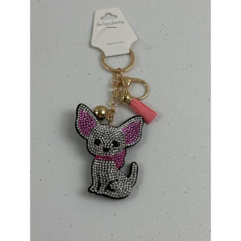 Sparkly Chihuahua Keychain With Pink Tassel & Gold Ring